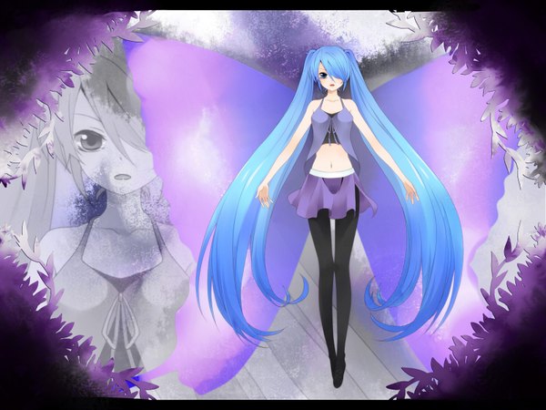 Anime picture 1600x1200 with vocaloid hatsune miku kanna (chaos966) single long hair fringe blue eyes twintails blue hair hair over one eye insect wings butterfly wings girl navel wings