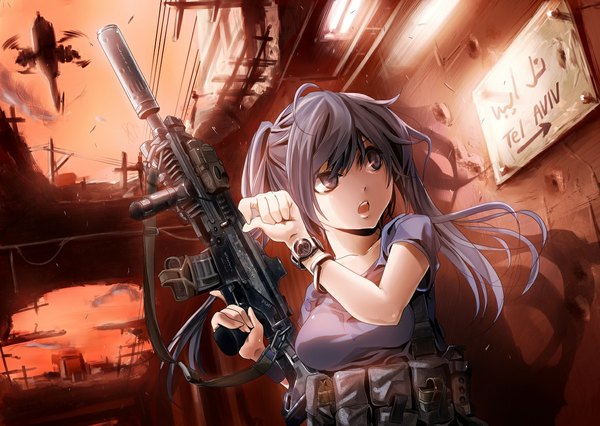 Anime picture 1165x829 with original koh (minagi kou) single open mouth blue eyes twintails blue hair girl weapon gun clock pocket watch helicopter