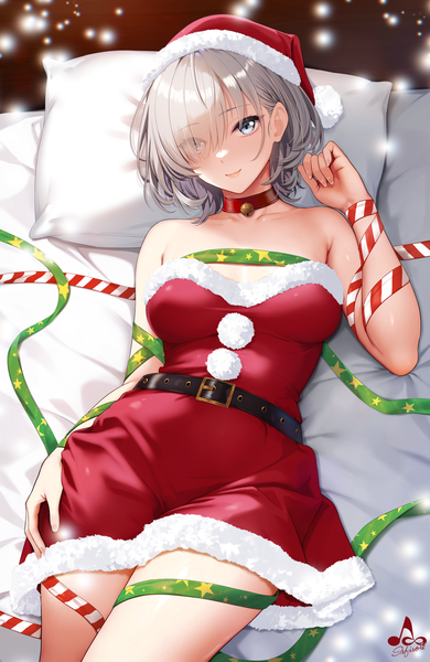 Anime picture 2600x4000 with original sashou mihiro infinote single tall image looking at viewer fringe highres short hair breasts blue eyes light erotic signed silver hair lying arm up from above hair over one eye on back christmas