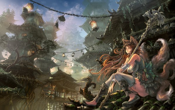 Anime picture 1500x945 with original denki single long hair light erotic brown hair sitting bare shoulders brown eyes animal ears looking away sky cloud (clouds) tail animal tail multiple tails girl thighhighs dress detached sleeves