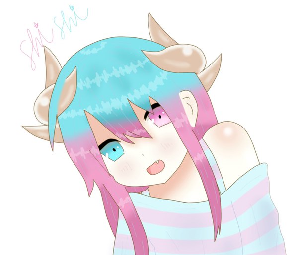 Anime picture 1418x1214 with original shishi gum single long hair looking at viewer blush fringe open mouth simple background hair between eyes white background signed pink hair upper body pink eyes multicolored hair horn (horns) aqua eyes off shoulder aqua hair