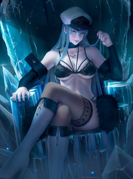 Anime picture 2968x4000 with akame ga kill! white fox esdeath zarory single long hair tall image looking at viewer fringe highres breasts blue eyes light erotic smile hair between eyes large breasts sitting signed blue hair cleavage