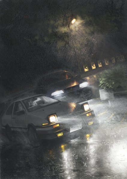 Anime picture 800x1132 with initial d toyota nissan virus76 tall image light reflection rain driving plant (plants) tree (trees) ground vehicle lantern car lamppost puddle