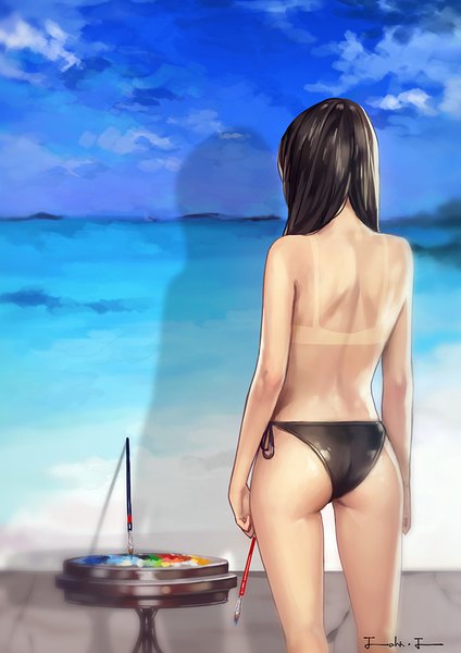 Anime picture 700x990 with original yohan12 single long hair tall image light erotic black hair standing holding signed sky cloud (clouds) ass from behind shadow beach topless tan tan lines painting