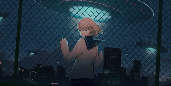 Anime picture 3392x1716 with idolmaster shiny colors serizawa asahi hn kn single looking at viewer fringe highres short hair open mouth blue eyes blonde hair wide image looking back from above wind night city cityscape science fiction girl