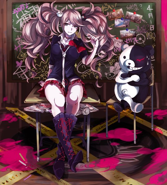 Anime picture 1100x1222 with dangan ronpa enoshima junko monokuma tagme (artist) single tall image fringe breasts open mouth smile large breasts sitting twintails looking away cleavage full body nail polish fingernails teeth sweat