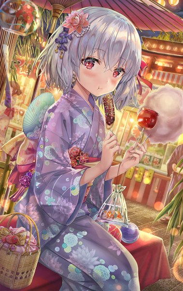 Anime-Bild 1200x1898 mit fate (series) fate/grand order kama (fate) torino aqua tall image looking at viewer blush fringe short hair hair between eyes red eyes sitting holding silver hair outdoors traditional clothes japanese clothes hair flower blurry night