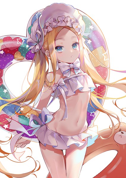Anime picture 800x1132 with fate (series) fate/grand order abigail williams (fate) abigail williams (swimsuit foreigner) (fate) machi (7769) single long hair tall image looking at viewer blush blue eyes light erotic simple background blonde hair standing white background twintails holding payot parted lips