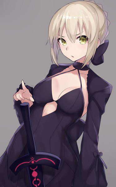 Anime picture 1488x2385 with fate (series) fate/stay night artoria pendragon (all) saber alter ichijou (kr neru0) single tall image looking at viewer fringe short hair breasts blonde hair simple background yellow eyes cleavage upper body grey background :o girl dress