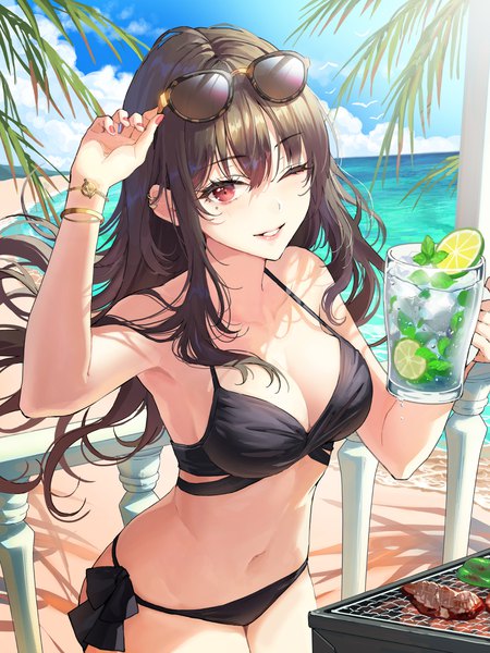 Anime picture 1500x2000 with original okuma mai single long hair tall image looking at viewer fringe light erotic smile hair between eyes red eyes brown hair standing sky cloud (clouds) outdoors nail polish parted lips one eye closed arm up