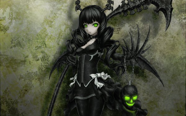 Anime picture 1680x1050 with black rock shooter dead master long hair black hair wide image green eyes drill hair bat wings curly hair wings skull scythe