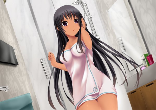 Anime picture 2400x1697 with hunie pop kyanna delrio pinguin-kotak single long hair looking at viewer fringe highres breasts open mouth light erotic black hair standing purple eyes indoors fingernails dark skin naked towel girl towel