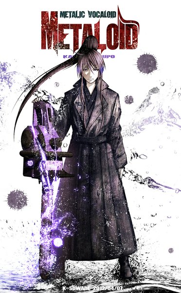 Anime picture 620x1000 with vocaloid meltdown (vocaloid) kamui gakupo k-suwabe single long hair tall image fringe simple background standing white background holding purple hair ponytail wind inscription alternate costume glowing serious glow