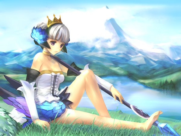 Anime picture 1600x1200 with odin sphere vanillaware gwendolyn takashima single fringe short hair sitting purple eyes bare shoulders looking away sky full body outdoors blunt bangs barefoot grey hair bare legs mountain lake
