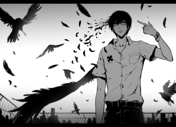 Anime picture 1300x946 with zankyou no terror mappa nine mir (pixiv) single looking at viewer fringe short hair black hair short sleeves monochrome letterboxed boy animal shirt wings glasses belt white shirt bird (birds)