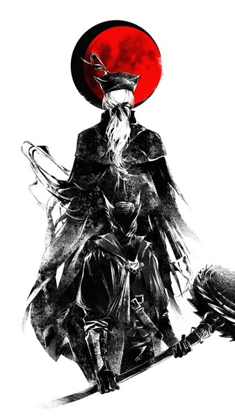Аниме картинка 1080x1916 с bloodborne from software lady maria of the astral clocktower hunter (bloodborne) megasus длинные волосы высокое изображение простой фон стоя белый фон белые волосы спина к спине красная луна девушка мужчина оружие шляпа луна