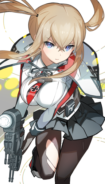 Anime picture 856x1500 with kantai collection graf zeppelin (kantai collection) saitou naoki single long hair tall image looking at viewer fringe breasts blue eyes blonde hair hair between eyes large breasts white background twintails payot bent knee (knees) torn pantyhose girl uniform