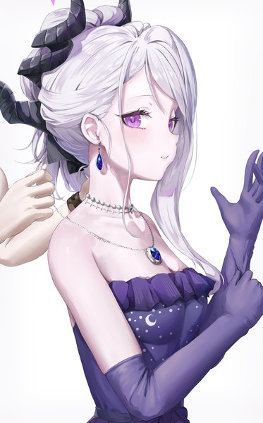 Anime picture 2544x4096 with blue archive hina (blue archive) hina (dress) (blue archive) renge (730) long hair tall image blush highres simple background white background purple eyes silver hair upper body horn (horns) official alternate costume solo focus adjusting gloves girl dress gloves
