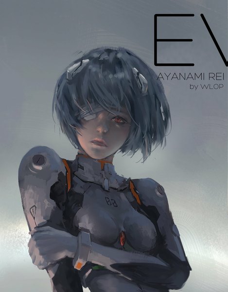 Anime picture 900x1150 with neon genesis evangelion gainax ayanami rei wlop single tall image short hair open mouth simple background red eyes signed silver hair inscription grey background character names bandage over one eye girl bodysuit bandage (bandages)