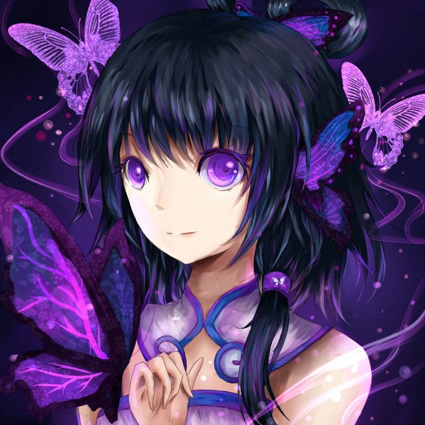 Anime picture 2125x2125 with vocaloid vocaloid china luo tianyi vowscat single looking at viewer blush highres short hair black hair smile purple eyes twintails bare shoulders lips dark background girl hair ornament insect butterfly