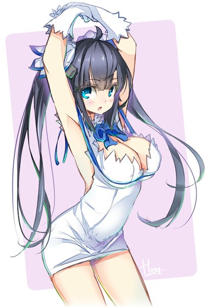 Anime picture 675x1000 with dungeon ni deai wo motomeru no wa machigatteiru darou ka j.c. staff hestia (danmachi) hong (white spider) single long hair tall image looking at viewer blush fringe breasts open mouth blue eyes light erotic black hair simple background large breasts arms up rei no himo girl