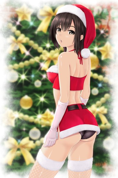 Anime picture 900x1350 with original touka (nonaka ritsu) nonaka ritsu single tall image blush fringe short hair open mouth light erotic brown hair bare shoulders brown eyes ass looking back back christmas girl thighhighs skirt