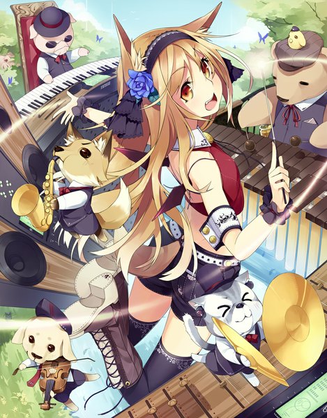 Anime picture 783x1000 with original itsuwa (lethal-kemomimi) long hair tall image open mouth blonde hair animal ears yellow eyes tail animal tail girl thighhighs black thighhighs animal shorts boots hairband cat dog fox