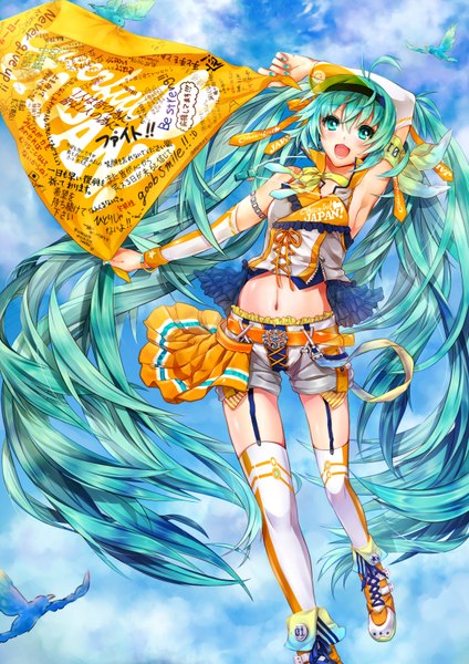 Anime picture 2480x3508 with vocaloid hatsune miku madogawa single long hair tall image highres open mouth twintails absurdres nail polish aqua eyes aqua hair girl thighhighs detached sleeves animal white thighhighs shorts bird (birds)
