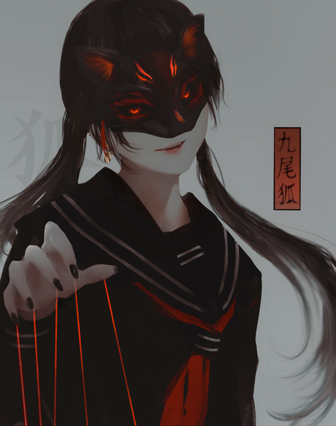 Anime-Bild 2600x3300 mit original aoi ogata single long hair tall image looking at viewer highres open mouth black hair simple background red eyes twintails upper body nail polish head tilt fingernails grey background fang (fangs) hieroglyph black nail polish