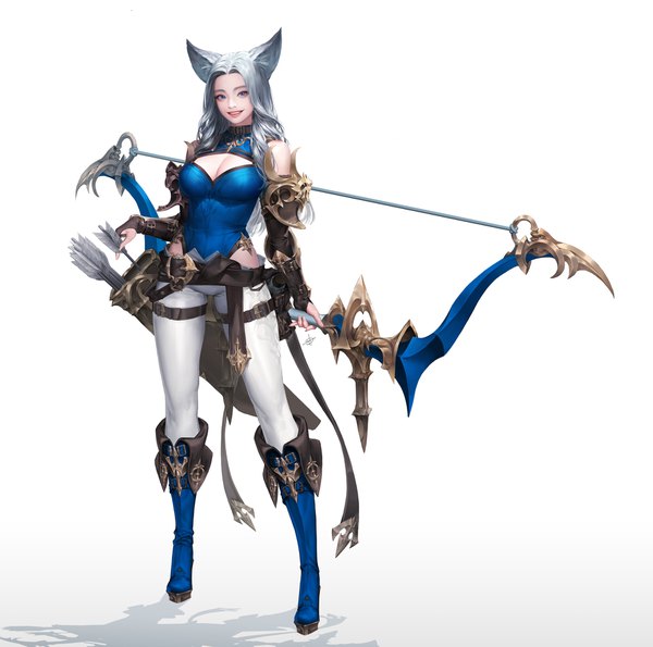 Anime picture 1920x1907 with oceans & empires ake (cherrylich) single long hair looking at viewer highres breasts blue eyes light erotic simple background smile standing white background animal ears cleavage silver hair full body girl weapon armor