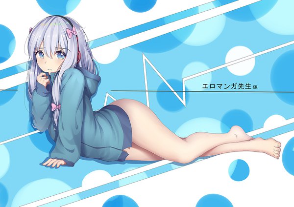 Anime picture 1200x849 with eromanga sensei a-1 pictures izumi sagiri kr (sapphire) single long hair looking at viewer blush fringe blue eyes light erotic hair between eyes silver hair full body barefoot arm support bare legs copyright name crossed legs polka dot