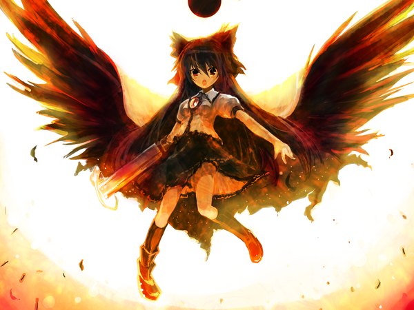 Anime picture 1600x1200 with touhou reiuji utsuho minamura haruki wallpaper arm cannon girl wings