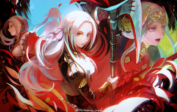 Anime picture 900x572 with fire emblem fire emblem: three houses fire emblem warriors: three hopes nintendo edelgard von hresvelg suikomu now long hair looking at viewer open mouth purple eyes holding signed looking away upper body white hair long sleeves horn (horns) twitter username multiple persona girl