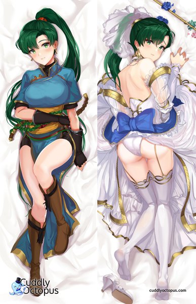 Anime picture 1189x1840 with fire emblem fire emblem: the blazing blade nintendo lyndis (fire emblem) ormille tall image looking at viewer blush fringe breasts light erotic smile large breasts bare shoulders green eyes full body bent knee (knees) ass ponytail lying
