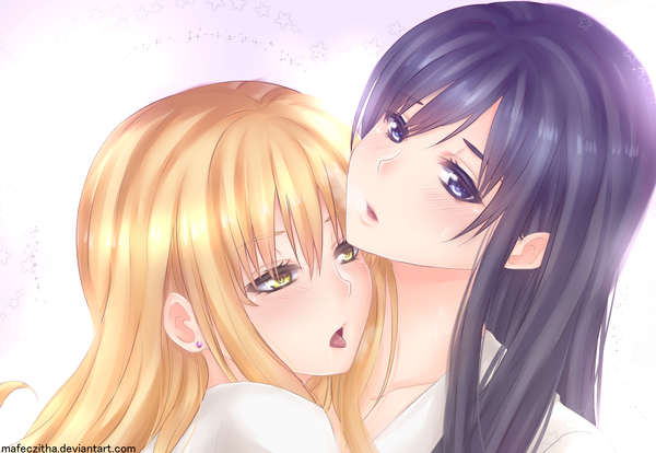 Anime picture 2319x1601 with citrus (saburouta) aihara mei aihara yuzu mafe (mafeczitha) long hair blush fringe highres open mouth light erotic blonde hair simple background purple eyes multiple girls yellow eyes purple hair embarrassed watermark shoujo ai saliva