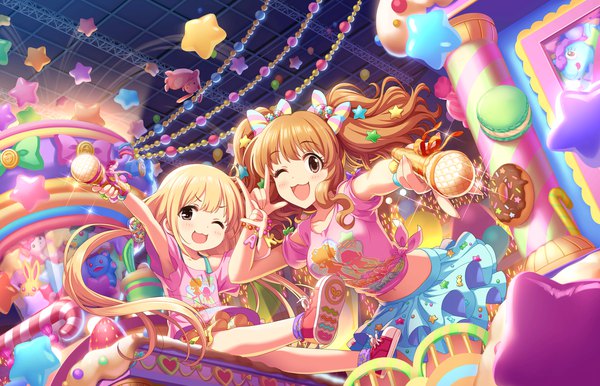 Anime picture 1280x824 with idolmaster idolmaster cinderella girls idolmaster cinderella girls starlight stage futaba anzu moroboshi kirari long hair looking at viewer breasts open mouth blonde hair smile sitting twintails multiple girls yellow eyes one eye closed orange hair arms up midriff loli