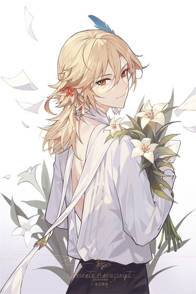 Anime picture 850x1275 with genshin impact kaveh (genshin impact) sunrise929 single long hair tall image fringe simple background blonde hair hair between eyes red eyes white background upper body looking back boy hair ornament flower (flowers) earrings x hair ornament bouquet