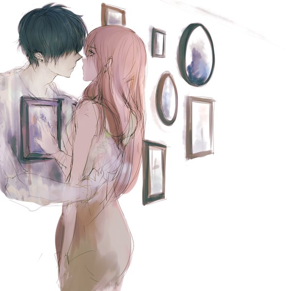 Anime picture 1000x1000 with original pancake-waddle long hair short hair black hair simple background red eyes white background pink hair profile couple hug face to face ghost hair over eyes almost kiss girl boy wall picture