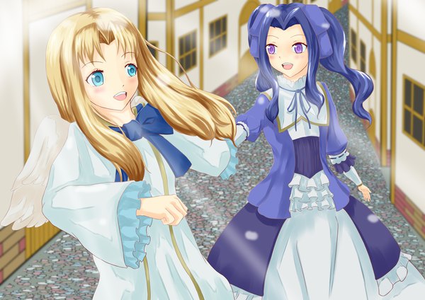 Anime picture 7017x4961 with tate no yuusha no nariagari kinema citrus firo (tate no yuusha no nariagari) melty melromarc kiul long hair blush fringe highres open mouth blue eyes blonde hair standing purple eyes twintails multiple girls blue hair looking away absurdres :d