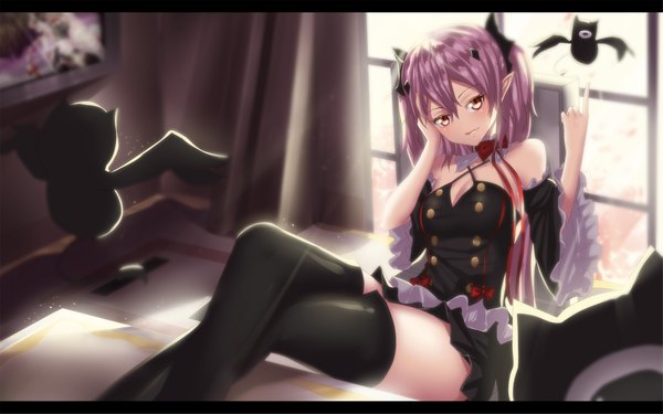 Anime picture 2011x1257 with owari no seraph wit studio kururu tepes arukanu hk (hak) single long hair looking at viewer highres red eyes pink hair pointy ears letterboxed vampire girl dress detached sleeves animal boots thigh boots