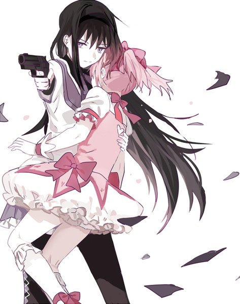 Anime picture 660x838 with mahou shoujo madoka magica shaft (studio) akemi homura kaname madoka dong jian dao long hair tall image fringe short hair black hair simple background white background purple eyes twintails multiple girls holding pink hair wind short twintails magical girl