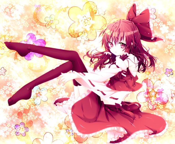 Anime picture 2181x1797 with touhou hakurei reimu riichu single long hair highres red eyes brown hair girl thighhighs skirt flower (flowers) bow black thighhighs hair bow detached sleeves skirt set