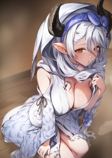 Anime picture 1400x1980 with granblue fantasy izmir kyouya (mukuro238) single long hair tall image looking at viewer fringe breasts light erotic hair between eyes large breasts sitting brown eyes cleavage silver hair horn (horns) from above pointy ears mole