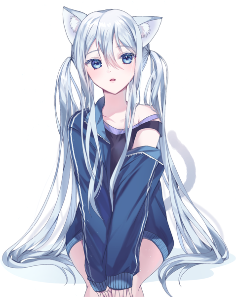 Anime picture 800x1000 with project sekai yoisaki kanade dabi (dabibubi) single long hair tall image looking at viewer fringe blue eyes simple background hair between eyes white background sitting twintails animal ears silver hair tail animal tail cat ears off shoulder