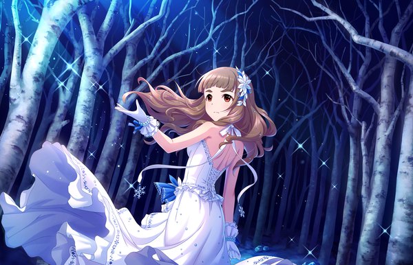 Anime picture 1280x824 with idolmaster idolmaster cinderella girls idolmaster cinderella girls starlight stage kamiya nao annindoufu (oicon) single long hair fringe red eyes brown hair bare shoulders looking away blunt bangs night official art sparkle outstretched arm bare back bare tree frost (idolmaster)