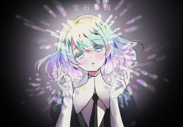 Anime picture 1442x1000 with houseki no kuni diamond (houseki no kuni) haruri single looking at viewer blush fringe short hair simple background hair between eyes upper body head tilt multicolored hair aqua eyes copyright name black background gradient hair shiny androgynous gloves