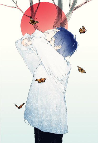 Anime picture 653x950 with original meiya1230 single tall image short hair standing blue hair upper body covering hands on face covering face bandaid on arm bandaid on hand boy plant (plants) shirt tree (trees) white shirt insect butterfly