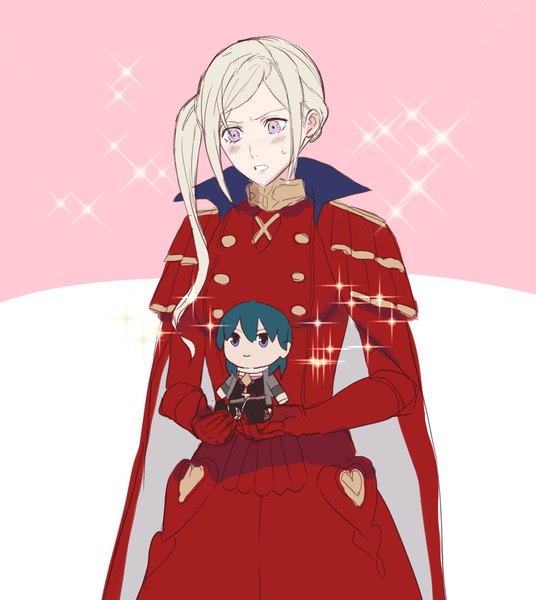 Anime picture 1637x1833 with fire emblem fire emblem: three houses nintendo edelgard von hresvelg byleth (fire emblem) byleth (female) (fire emblem) aizumi240326 single long hair tall image blush fringe simple background smile standing purple eyes holding payot looking away silver hair