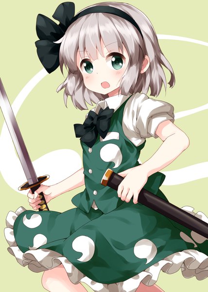 Anime picture 1000x1400 with touhou konpaku youmu ruu (tksymkw) single tall image looking at viewer blush open mouth simple background green eyes silver hair :d puffy sleeves green background girl skirt ribbon (ribbons) weapon hair ribbon sword