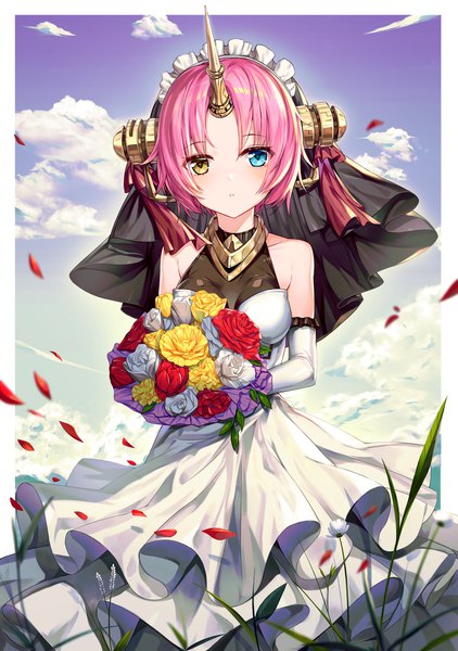 Anime picture 1600x2273 with fate (series) fate/apocrypha frankenstein's monster (fate) btraphen single tall image looking at viewer blush fringe short hair breasts blue eyes standing bare shoulders holding yellow eyes pink hair sky cloud (clouds) outdoors